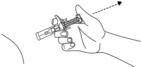 A hand holding a pen-shaped medical device with a dashed arrow indicating movement toward the