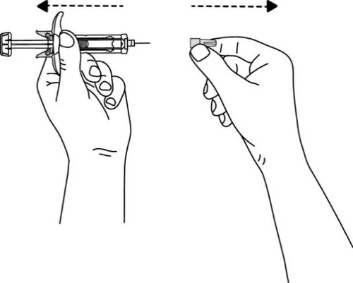 Technical drawing showing two hands moving a syringe and its cap horizontally in opposite directions indicated by dashed arrows