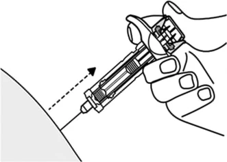 A hand holding a pen-shaped medical device injecting it into the skin with an angled motion indicated by a dashed arrow