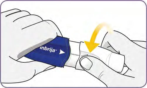 Dos manos sostienen un dispositivo médico blanco y azul con una flecha amarilla curva que indica el movimiento de rotación hacia abajo
