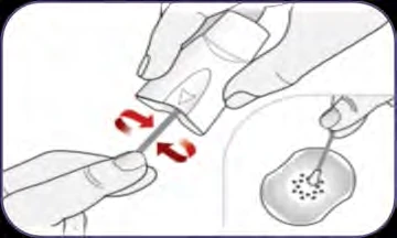 Dibujo técnico que muestra una mano que gira un dispositivo médico sobre un