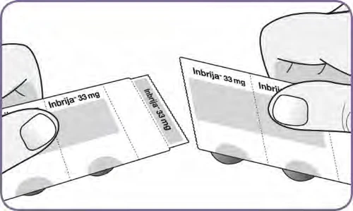 Dos manos sostienen y separan dos envases rectangulares blancos del medicamento Inbrija de 33 mg con etiquetas grises y letras negras