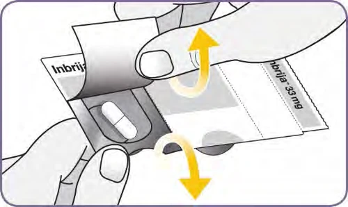 Dos manos separan un blíster de medicamento Inbrija de un envase de papel con flechas amarillas que indican el movimiento de apertura