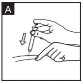 Dibujo en blanco y negro de dos manos sosteniendo una jeringa para insertarla bajo la piel del brazo, con una flecha que indica el movimiento hacia abajo