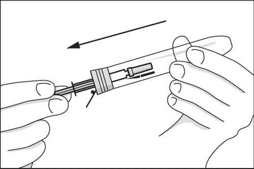Two hands hold an injection pen to extract the