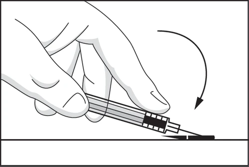 One hand holds an injection pen and tilts it downward following the direction of a curved arrow toward a flat surface