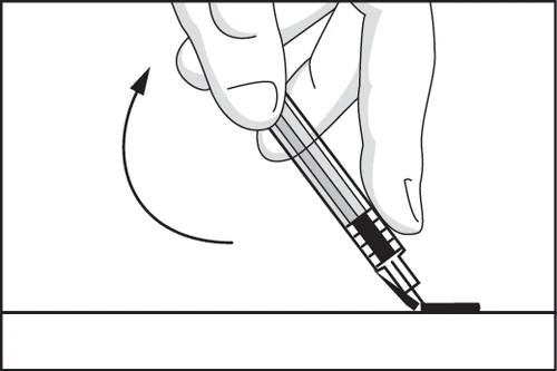 One hand holds an injection pen tilted toward a flat surface with a curved arrow indicating a rotational movement toward the