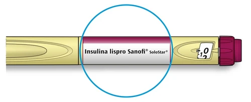 Pluma para insulina SoloStar con etiqueta blanca que muestra la inscripción Insulina lispro Sanofi en un cuerpo cilíndrico de color crema y burdeos