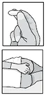 Dibujo en blanco y negro que muestra una mano presionando la parte superior de una rodilla y otra mano masajeando la zona articular