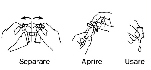 Three line drawings show how to separate the parts, open the device, and use it with a drop falling from the nozzle