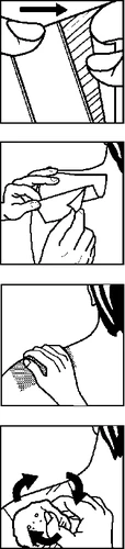 Sequence of four black and white drawings showing how to prepare the skin, apply a patch, and massage the affected area
