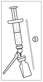 Dibujo técnico de una jeringa con aguja que se introduce en un frasco de vidrio con una flecha gris dirigida hacia la