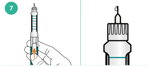 Ilustracja medyczna przedstawiająca dłoń trzymającą długopis iniekcyjny z pomarańczową strzałką skierowaną do przodu