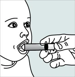 Black and white drawing of a hand inserting a syringe-style dosing device into the open mouth of a young child