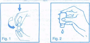 Two blue drawings show hands opening a vial and a hand holding it upside down to release a drop of liquid