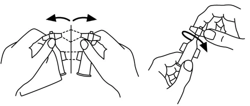 Technical drawing showing two hands rotating a medical device horizontally and then vertically with black directional arrows