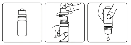 Tres ilustraciones muestran cómo desenroscar la tapa de un frasco y darle la vuelta para dejar caer una gota de medicamento