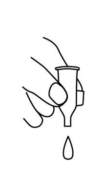 Dibujo de líneas negras sobre fondo blanco de una mano que sostiene un frasco o cuentagotas del que cae una única gota de líquido