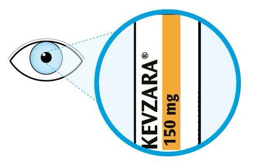 Ilustracja oka obserwującego powiększenie nazwy leku Kevzara z dawką 150 mg na białym i pomarańczowym tle