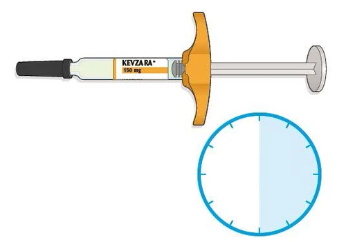 Sylfon wstępnie napełniony Kevzara 150 mg z pomarańczową rączką i kołowym diagramem podzielonym pionowo na biało i jasnoniebiesko