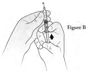 Дві руки тримають шприц вертикально, чорна стрілка вказує напрямок натискання на поршень для введення рідини