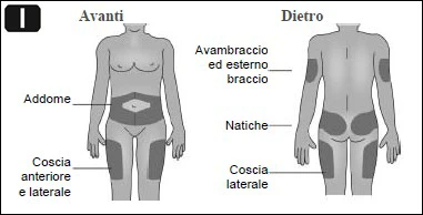 Diagrama del cuerpo humano con vista anterior y posterior que indica las zonas de inyección en el abdomen, muslo anterior, brazo y glúteos