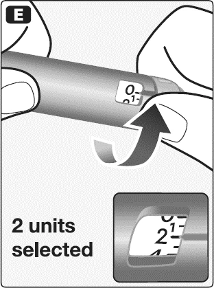 Dos manos sostienen una pluma inyectable con una flecha curva que indica la rotación para seleccionar 2 unidades en la pantalla digital inferior