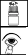 Schematic drawing of a bottle with a twist cap and a human eye with a finger gently pulling the lower eyelid downward