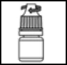 Schematic black and white drawing of a medical bottle with a screw cap and an arrow indicating the rotation movement for opening