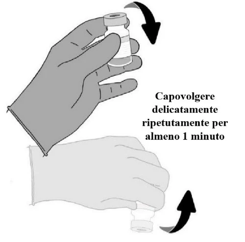 Mano enguantada que invierte suavemente un frasco de medicamento repetidamente durante al menos un minuto, según indican las flechas negras