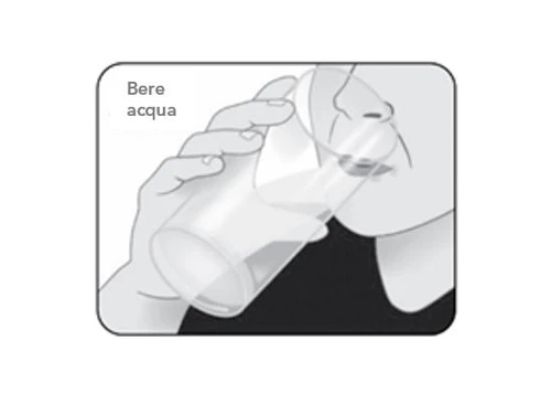 Black and white drawing of a person drinking water from a transparent glass with the text 'Drink water'