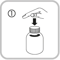 Illustration with number 1 showing a hand pressing a finger against the cap of a vial with a downward-pointing arrow