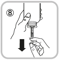 Two hands holding a vial and a syringe with a black downward-pointing arrow indicating the motion of inserting the syringe into the vial