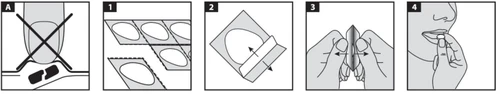 Sequence of four illustrations showing how to properly open a pill package with an error mark on an incorrect method
