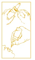 Orange line drawing showing two hands opening a bottle and one hand applying the contents to a part of the face