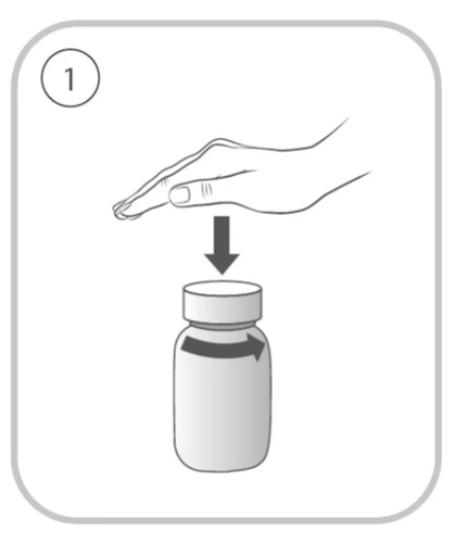 A hand pressing downward on the cap of a medical vial, with an arrow indicating vertical movement and a circular arrow on the body of the vial