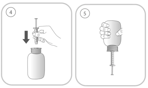 Two numbered diagrams showing a hand inserting a syringe into a vial and a second hand inverting the vial with the syringe inserted