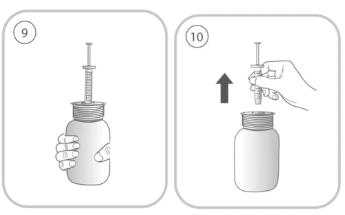 Numbered diagram showing a hand inserting a syringe into a vial and an arrow indicating lifting the syringe upward