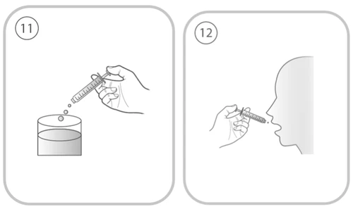 Two numbered illustrations showing a hand dispensing a drop from a syringe into a container and a hand administering liquid into the mouth
