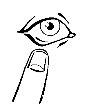 Stylized black and white drawing of a human eye above an index finger pointing towards it