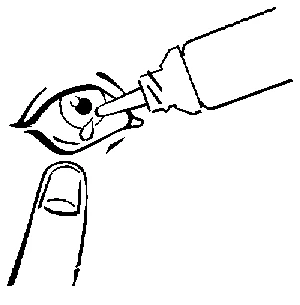 Black and white drawing of an eye dropper dispensing a drop of liquid into an eye