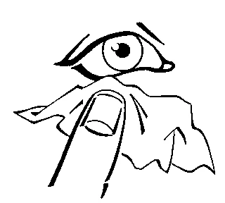 Stylized black and white drawing of an eye above a finger touching an irregular surface or soft tissue