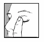 Dibujo en blanco y negro que muestra un dedo presionando suavemente el párpado inferior de un ojo cerrado en un perfil lateral
