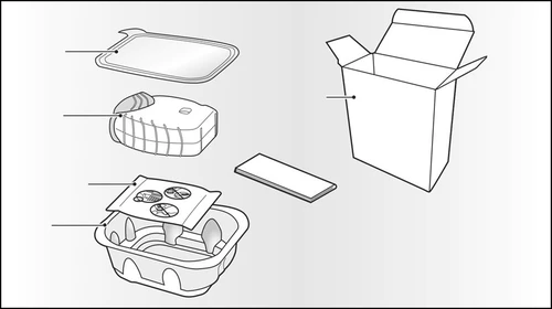 Diagrama técnico que muestra una caja abierta, una tapa, un recipiente con viales, una bandeja y un soporte para el medicamento sobre fondo gris