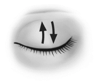 Black and white drawing of a closed eye with long eyelashes and two black arrows indicating a downward movement toward the