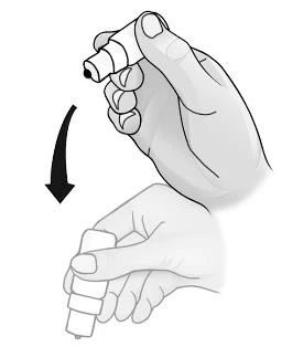 Black and white drawing showing a hand holding a medical device and moving it downward following a curved black arrow