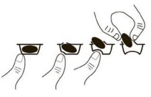 Schematic drawing showing four steps for removing a bandage or medical device with fingers gently lifting one edge