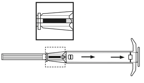 Technical diagram of a syringe with arrows indicating movement to the right and a close-up of the tip showing the