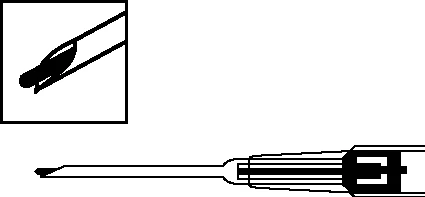 Technical diagram showing a close-up detail of a needle tip and the complete structure of a syringe with a ribbed barrel