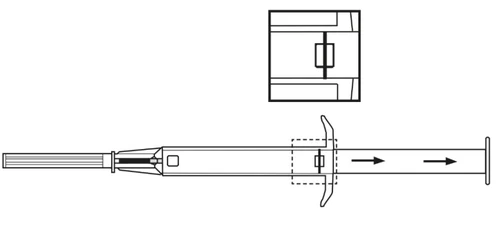Technical schematic of a syringe with black arrows indicating piston movement to the right and an enlarged detail of the upper part